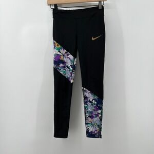 Nike Girls M Dri-Fit Tight Fit Compression Leggings Black Floral Athleisure‎ Gym